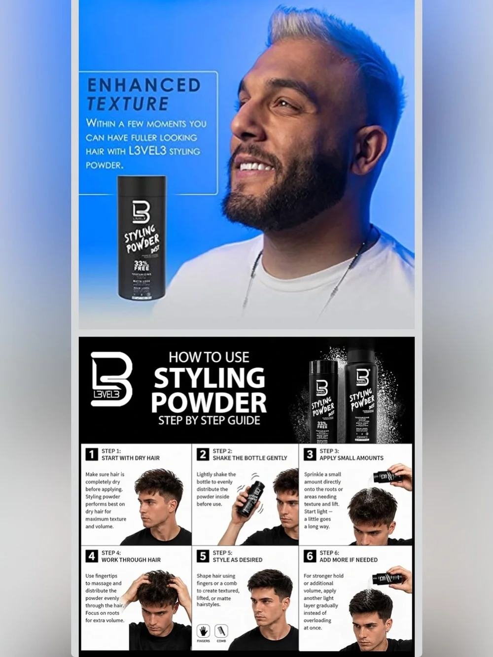 L3 Styling Powder Dust - Matte Black Texturizing Powder for Men